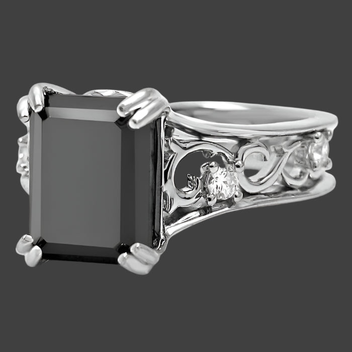 2.70ct Black Emerald Cut Diamond Engagement Ring Vintage Style 14k White Gold