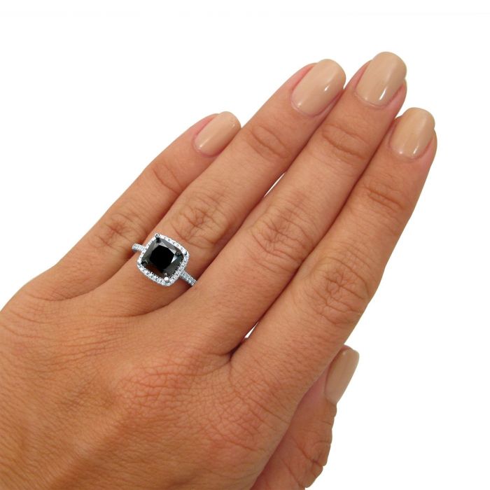 3ct Cushion Cut Black Diamond Halo Engagement Ring 14K Solid Gold