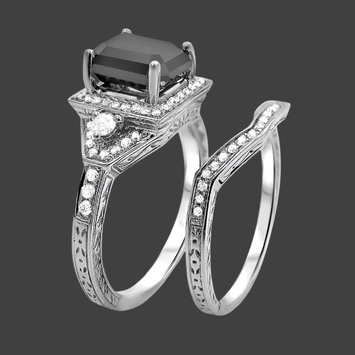 2.45ct Black Emerald Cut Diamond Engagement Ring Bridal Set 14k White Gold