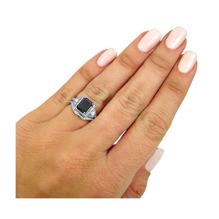 2.45ct Black Emerald Cut Diamond Engagement Ring Bridal Set 14k White Gold
