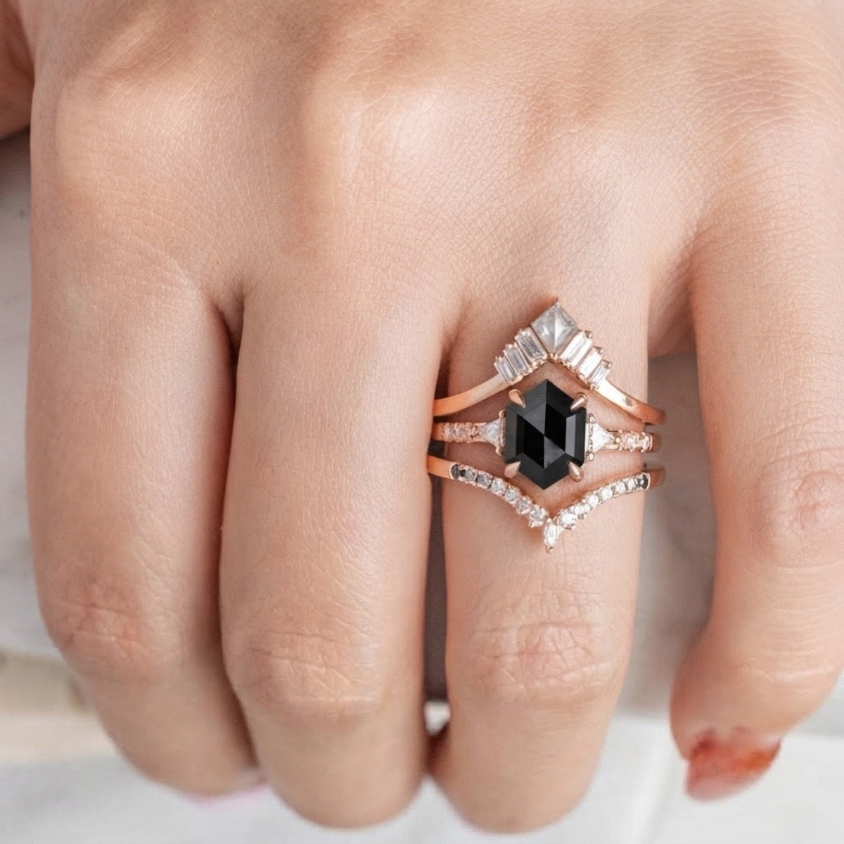 2 Carat Black Hexagon Diamond Engagement Ring, 14K Rose Gold