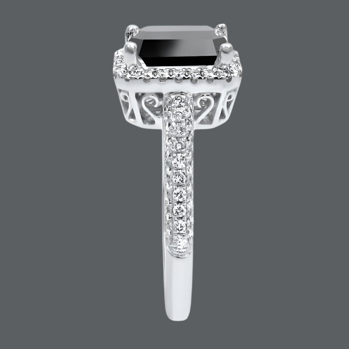 2.50ct Emerald Cut Black Diamond Pave Halo Engagement Ring 18K White Gold