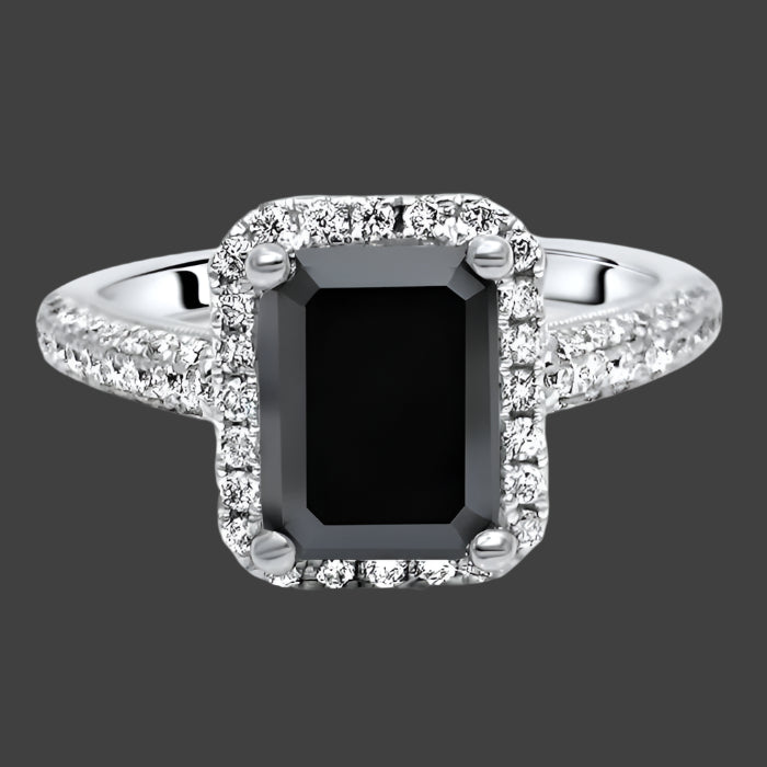 2.50ct Emerald Cut Black Diamond Pave Halo Engagement Ring 18K White Gold