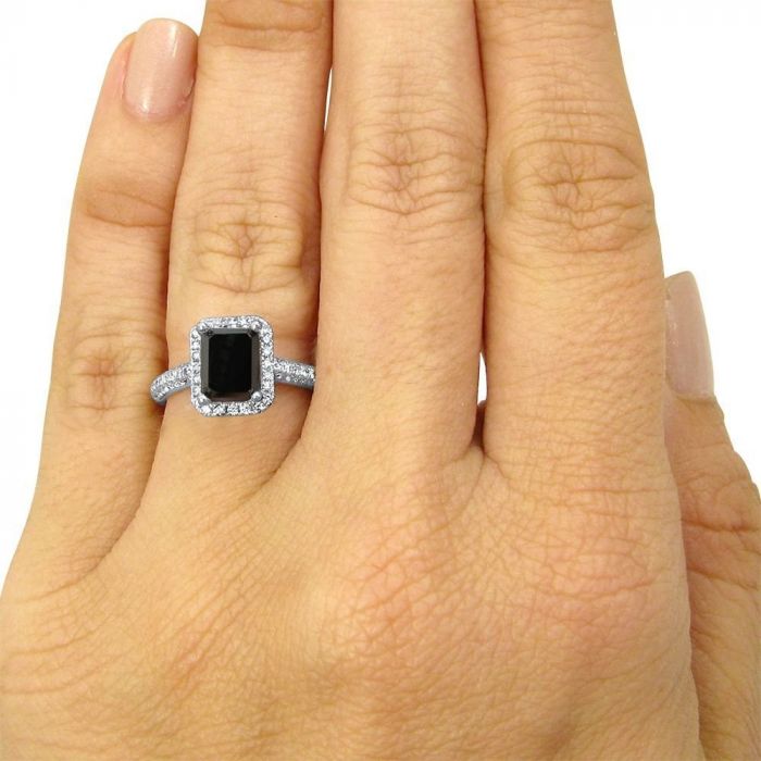 2.50ct Emerald Cut Black Diamond Pave Halo Engagement Ring 18K White Gold