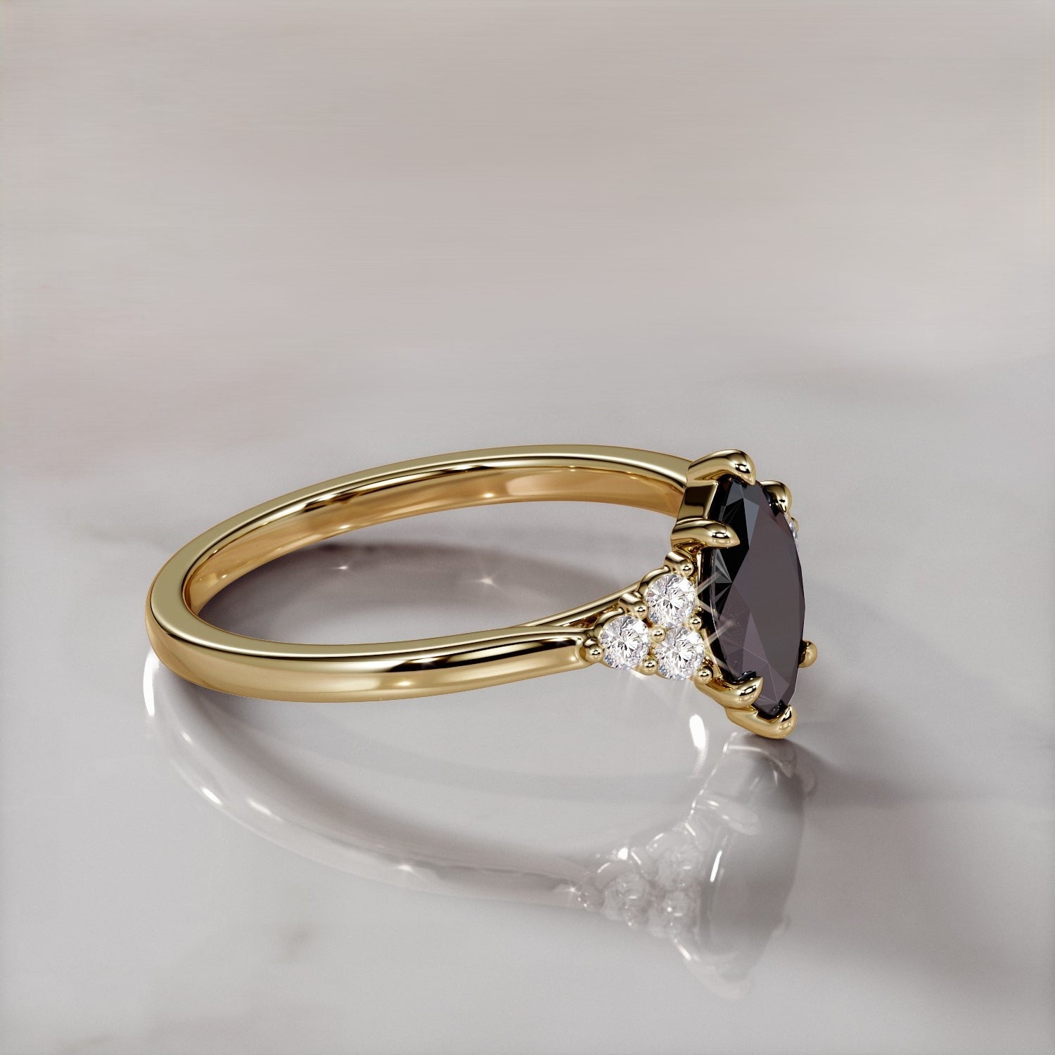 2.50 Carat Marquise Black Diamond Engagement Ring Trio Pave 14K Solid Gold