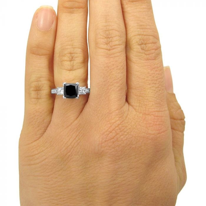 3.20 Carat Black 3 Stone Princess Cut Diamond Engagement Ring 14K White Gold Vintage Style