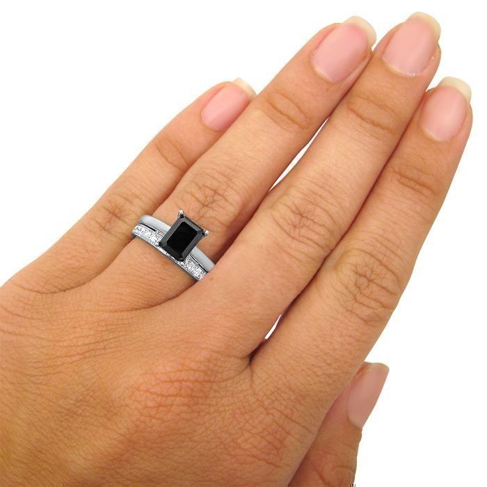 2.50 Carat Black Emerald Cut Diamond Engagement Ring Bridal Set 14k White Solid Gold