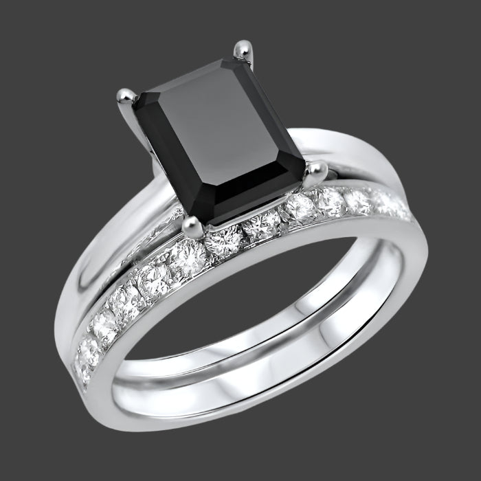 2.50 Carat Black Emerald Cut Diamond Engagement Ring Bridal Set 14k White Solid Gold