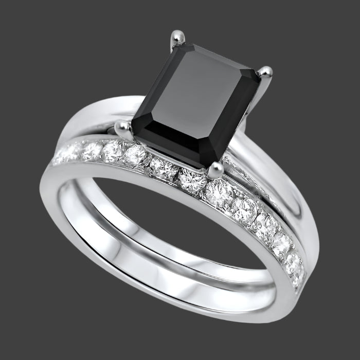 2.50 Carat Black Emerald Cut Diamond Engagement Ring Bridal Set 14k White Solid Gold