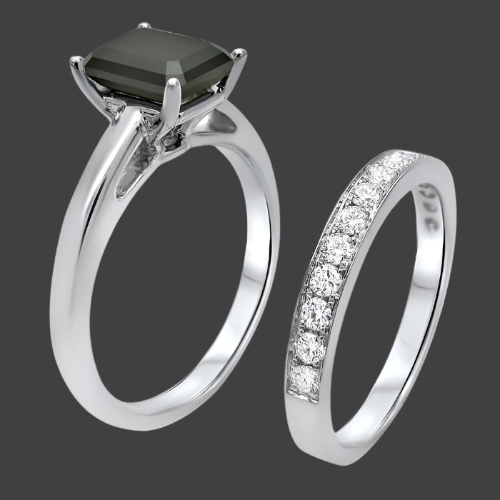 2.50 Carat Black Emerald Cut Diamond Engagement Ring Bridal Set 14k White Solid Gold