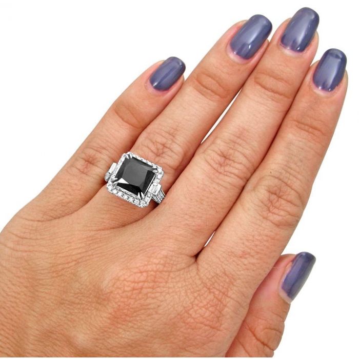 8 Carat Natural Black Princess Cut Diamond Halo Engagement Ring 14K White Gold