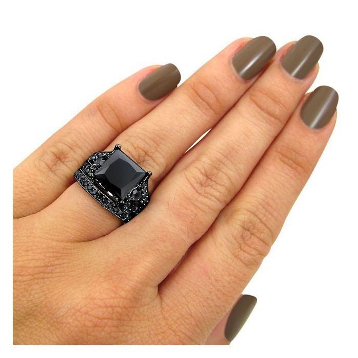 9 Carat Black Princess Cut Diamond Engagement Ring Bridal Set 14k Black Gold