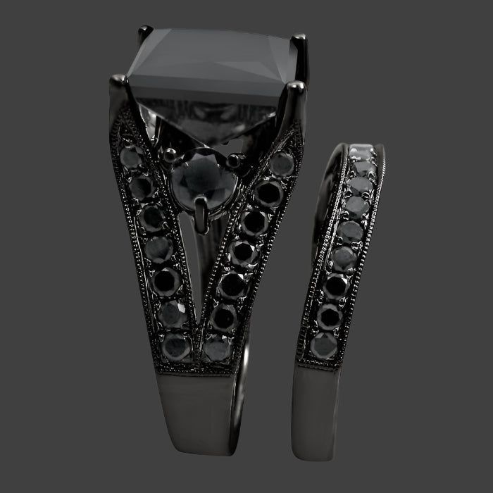 9 Carat Black Princess Cut Diamond Engagement Ring Bridal Set 14k Black Gold 5