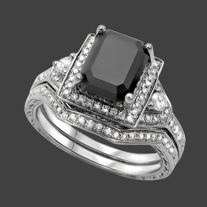 2.45ct Black Emerald Cut Diamond Engagement Ring Bridal Set 14k White Gold