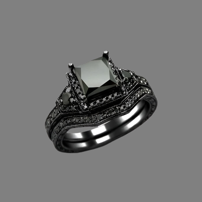 2 Carat Black Princess Cut Diamond Engagement Ring Bridal Set 14K Black Gold