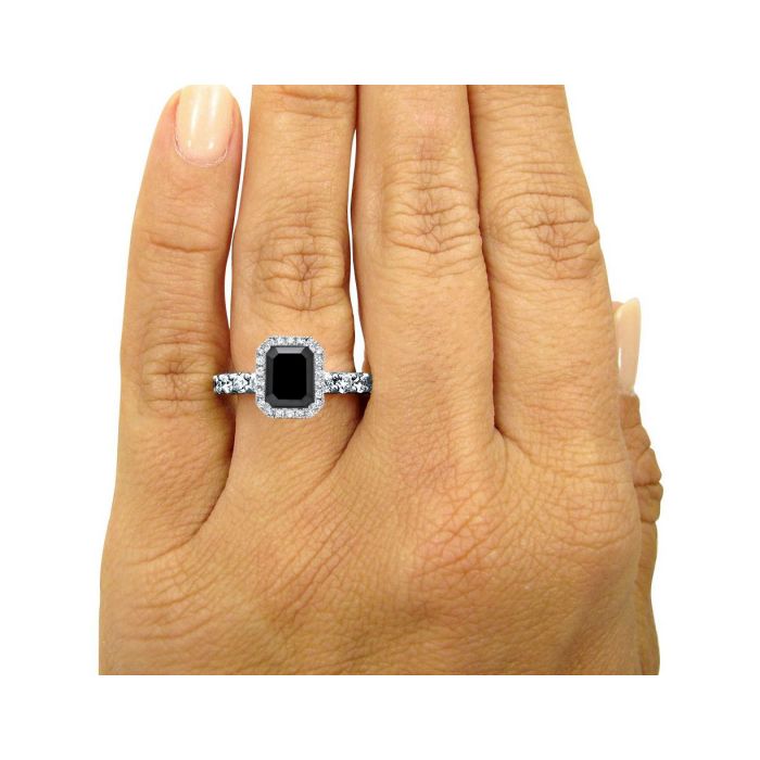 4.80ct Black Emerald cut Diamond Halo Engagement Ring 14K White Gold