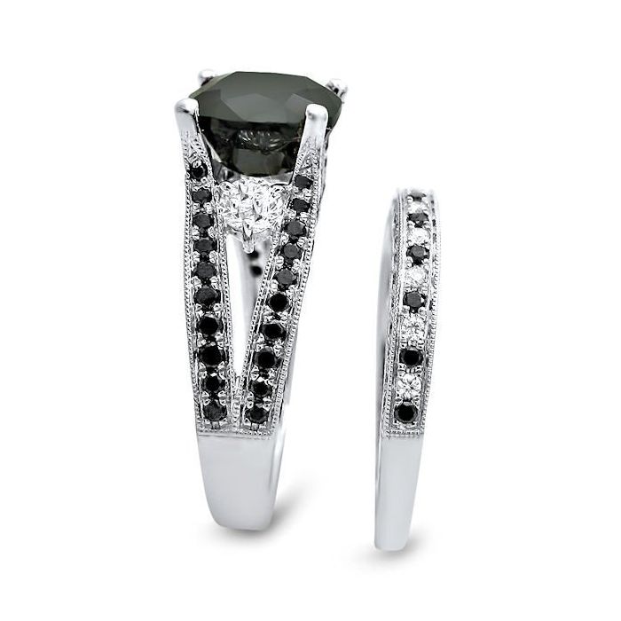 4.80ct Black Diamond Cushion Cut Engagement Ring Bridal Set 14k White Gold