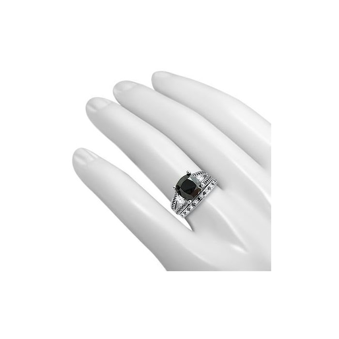 4.80ct Black Diamond Cushion Cut Engagement Ring Bridal Set 14k White Gold
