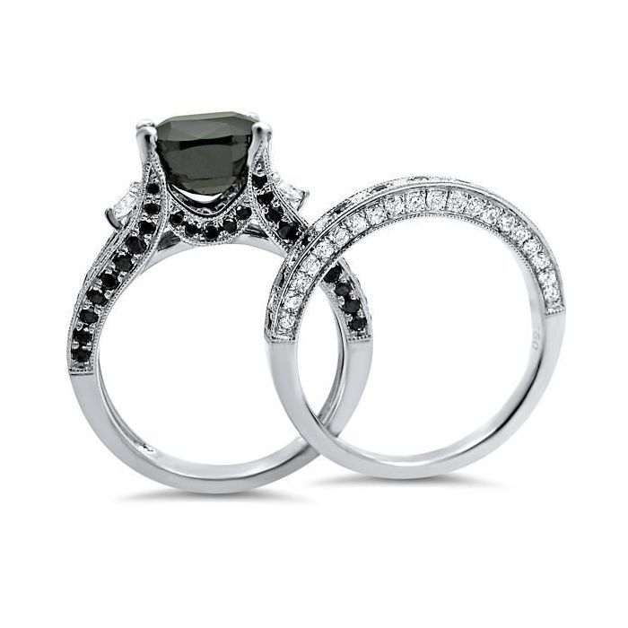 4.80ct Black Diamond Cushion Cut Engagement Ring Bridal Set 14k White Gold