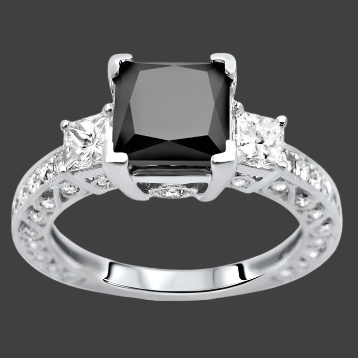 3.20 Carat Black 3 Stone Princess Cut Diamond Engagement Ring 14K White Gold Vintage Style