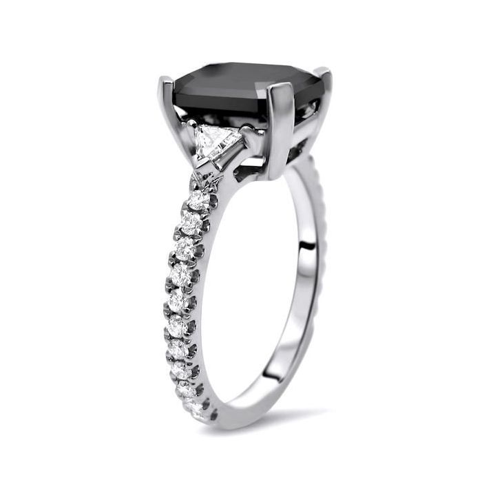2.80ct Black 3 Stone Emerald Cut 3 Stone Trillion Diamond Engagement Ring 14k White Gold