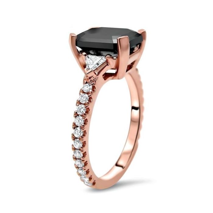 2.80ct Black 3 Stone Emerald Cut 3 Stone Trillion Diamond Engagement Ring 14k White Gold