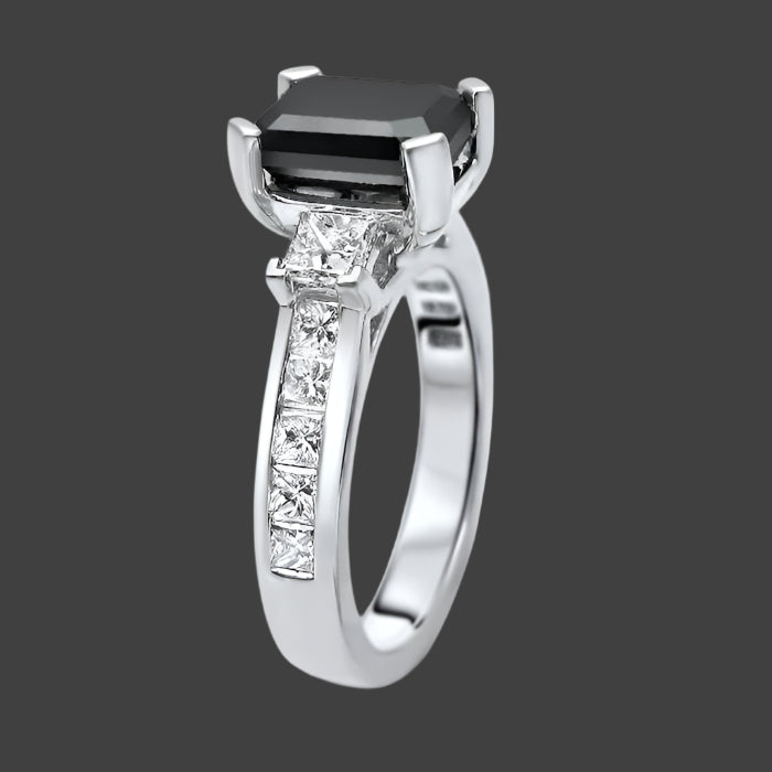 4.20ct Black 3 Stone Emerald Cut Diamond Engagement Ring 14k White Gold