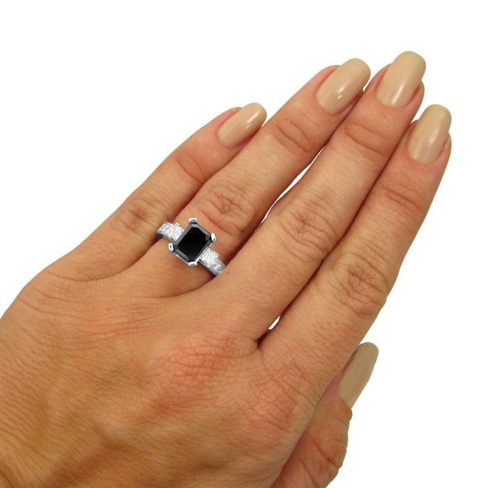 4.20ct Black 3 Stone Emerald Cut Diamond Engagement Ring 14k White Gold