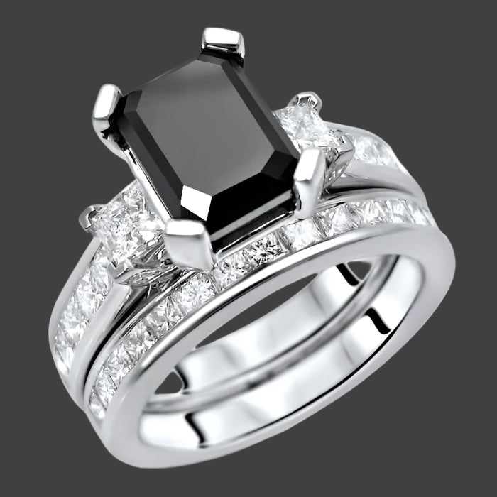 4.20ct Black Emerald Cut 3 Stone Diamond Engagement Ring Bridal Set 14k White Gold