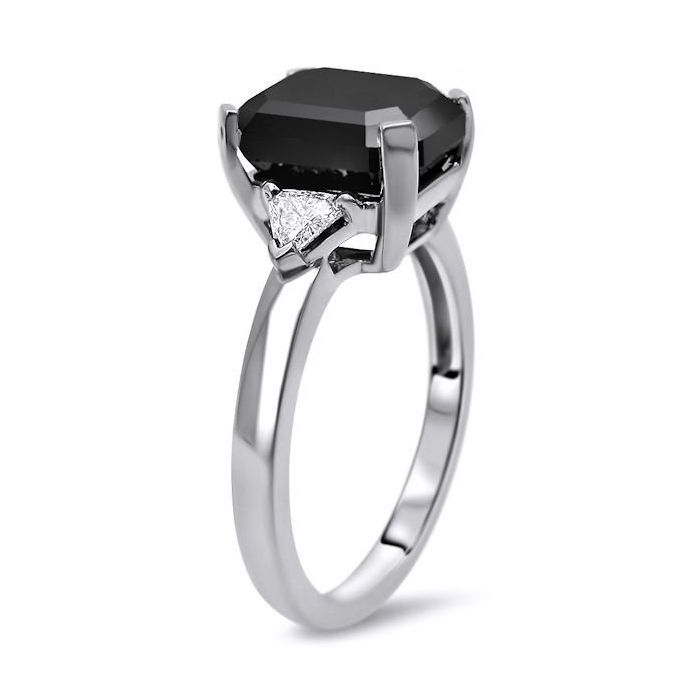 2.50ct Black Emerald Cut Diamond 3 Stone Trillion Engagement Ring 14k White Gold