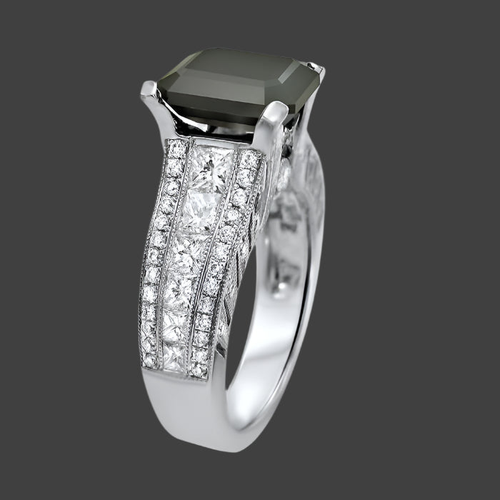 4.70ct Black Emerald Cut Diamond Engagement Ring 18k White Gold