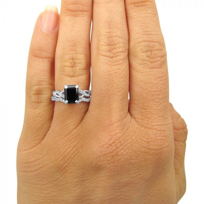 2.80ct Black Emerald Cut Diamond Engagement Ring Bridal Set 14k White Gold