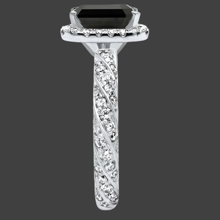 3ct Black Emerald Cut Diamond Halo Engagement Ring 14k White Gold