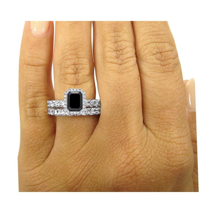 6.50ct Black Emerald Cut Diamond Halo Engagement Ring Bridal Set 14k White Gold