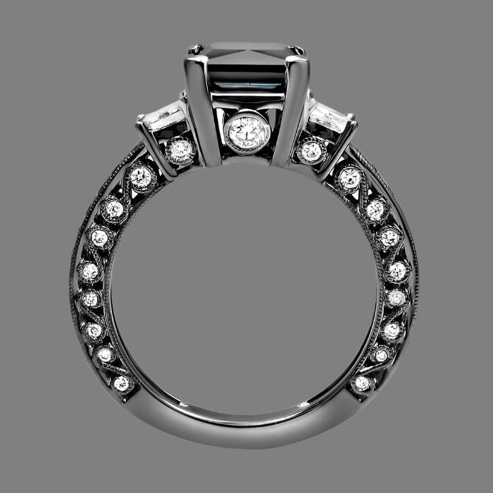 3.20 Carat Black 3 Stone Princess Cut Diamond Engagement Ring 14K Black Gold Vintage Style