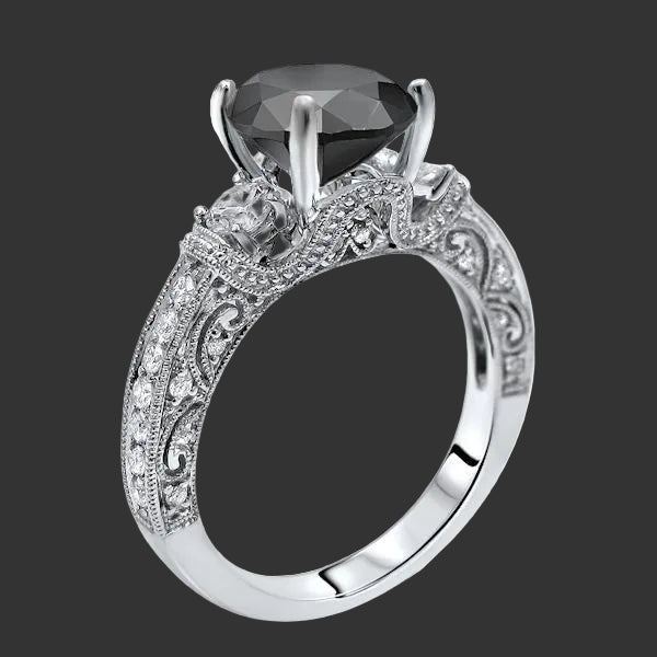 3.10 Carat Black Diamond Round 3 Stone Vintage Style Engagement Ring 14K White Gold