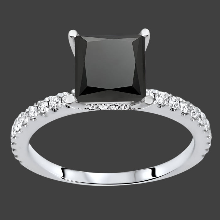 Black Princess Diamond Hidden Halo Engagement Ring 14K White Gold