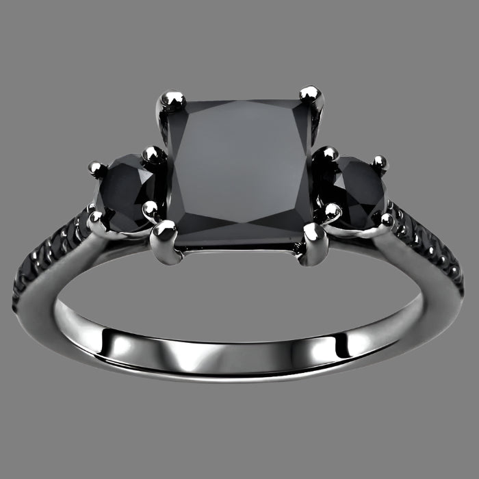 2.15ct Black Princess Cut 3 Stone Diamond Engagement Ring 14K Black Gold
