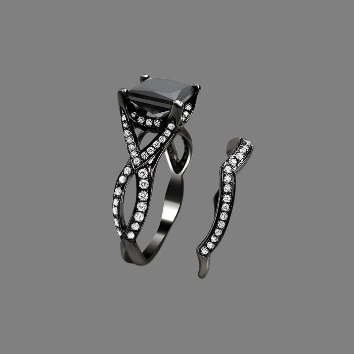 Princess Cut Black  Diamond Engagement Ring Bridal Set 14k Black Gold