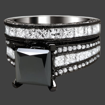5.50 Carat Black Princess Cut Diamond Engagement Ring Bridal Set 14k Black Gold