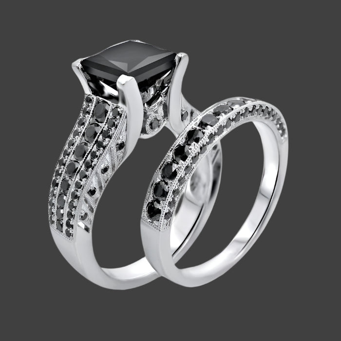 Black Princess Diamond Engagement Ring Pave Bridal Set 14K White Solid Gold