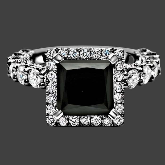 Black Princess Cut Diamond Halo Engagement Ring 14K Black Gold
