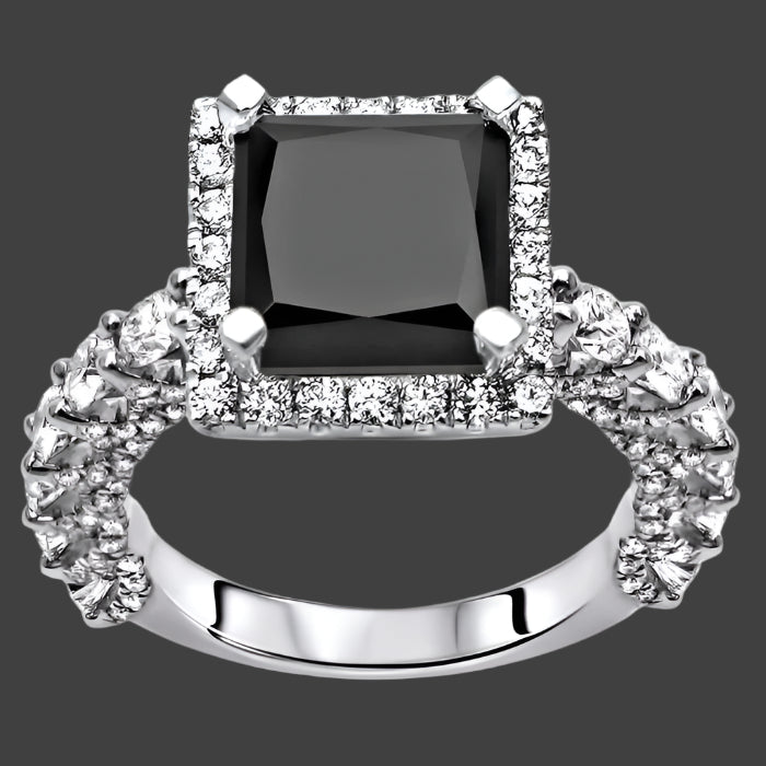 6 Carat Black Princess Cut Diamond Halo Engagement Ring 14K White Solid Gold