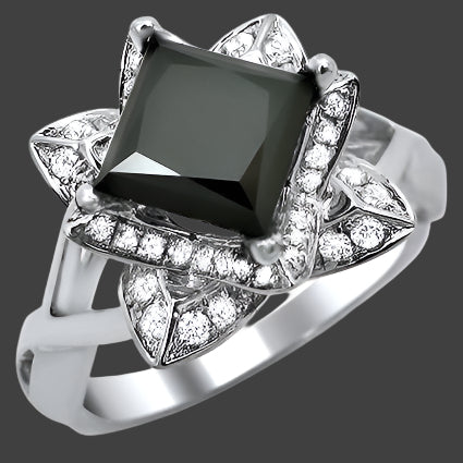 2 Carat Black Princess Cut Lotus Flower Diamond Engagement Ring 14K White Solid Gold