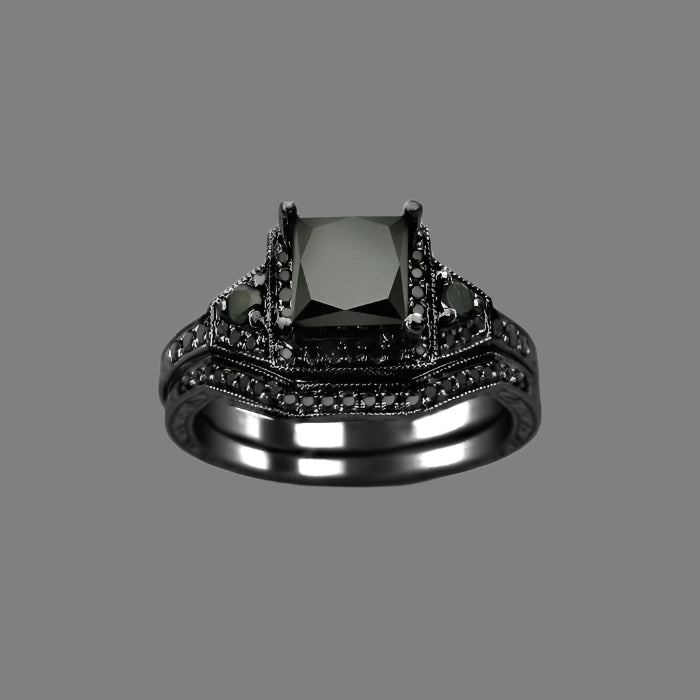 2 Carat Black Princess Cut Diamond Engagement Ring Bridal Set 14K Black Gold