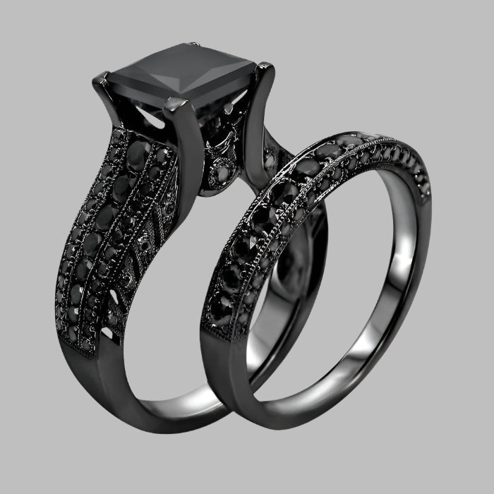 Black Princess Black Diamond Engagement Ring Pave Bridal Set 14K Black Gold