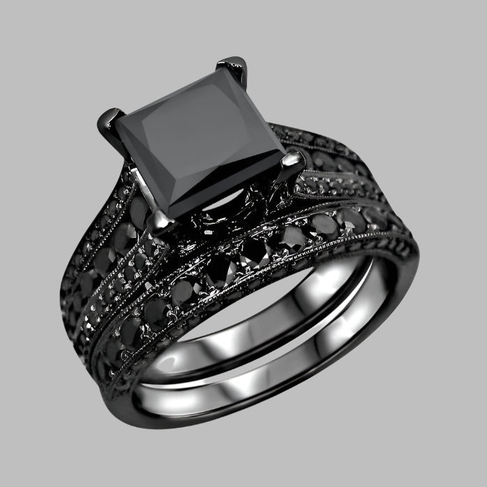 4.30 Carat Black Princess Cut Diamond Engagement Ring Pave Bridal Set 14K Black Gold