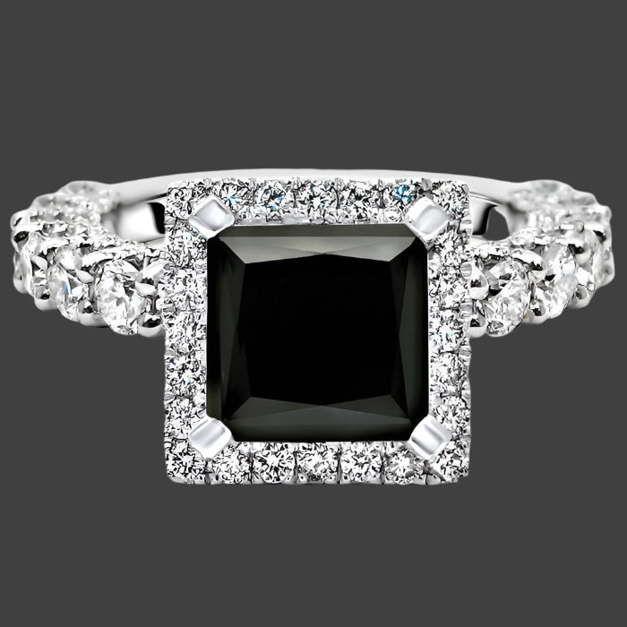 Princess Black Diamond Halo Ring 14K White Solid Gold