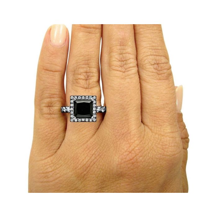 6 Carat Black Princess Diamond Halo Ring 14K Black Gold