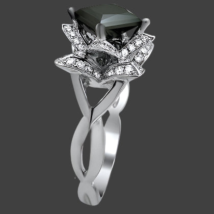 Black Princess Lotus Flower Diamond Engagement Ring 14K White Gold